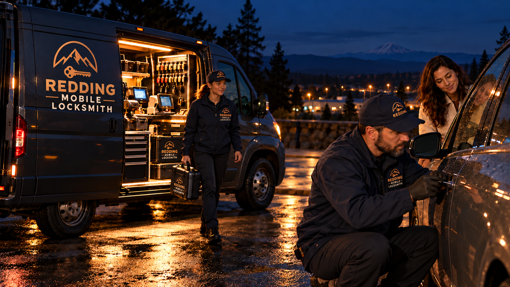 Branded Redding Mobile Locksmith team helping a driver at night with an equipped branded service van nearby
